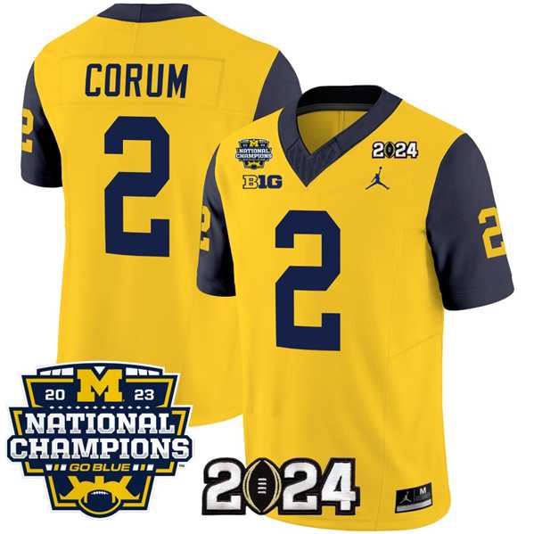 Mens Michigan Wolverines #2 Blake Corum Yellow Navy 2024 F.U.S.E. With 2023 National Champions Patch Stitched Jersey->->NCAA Jersey